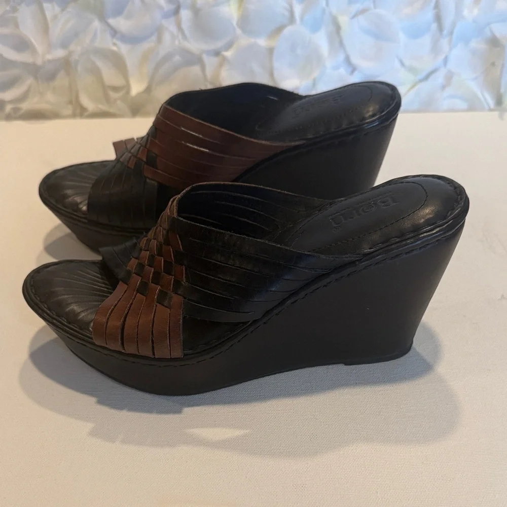 Born Black & Brown Woven Leather Wedge Slide